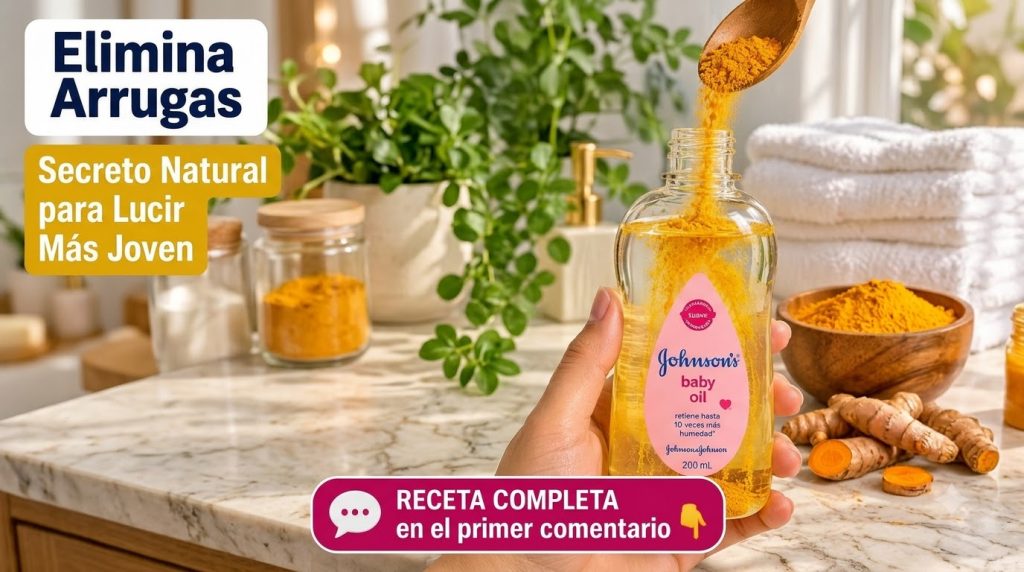 Una mano sosteniendo una botella de aceite para bebé Johnson s mientras se vierte cúrcuma en polvo desde una cuchara de 