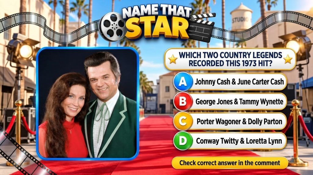 A vibrant quiz graphic titled NAME THAT STAR featuring a framed portrait of two smiling country music legends Conway Twi