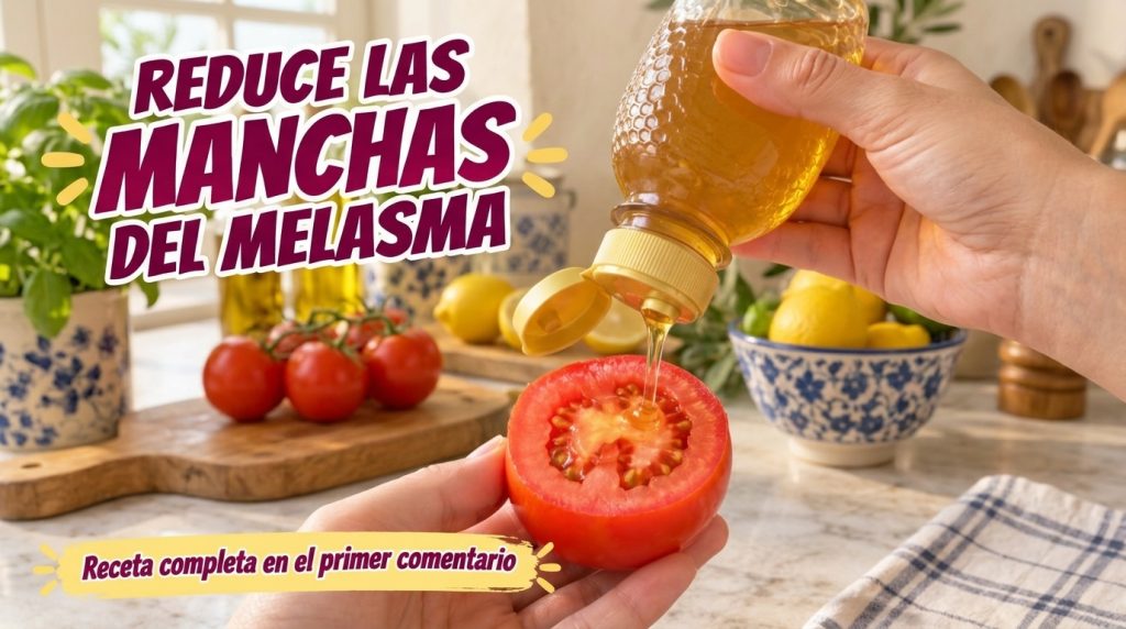 Hands holding a half-cut tomato with honey pouring into its core from a bottle Lemons and green plants are in the soft-f