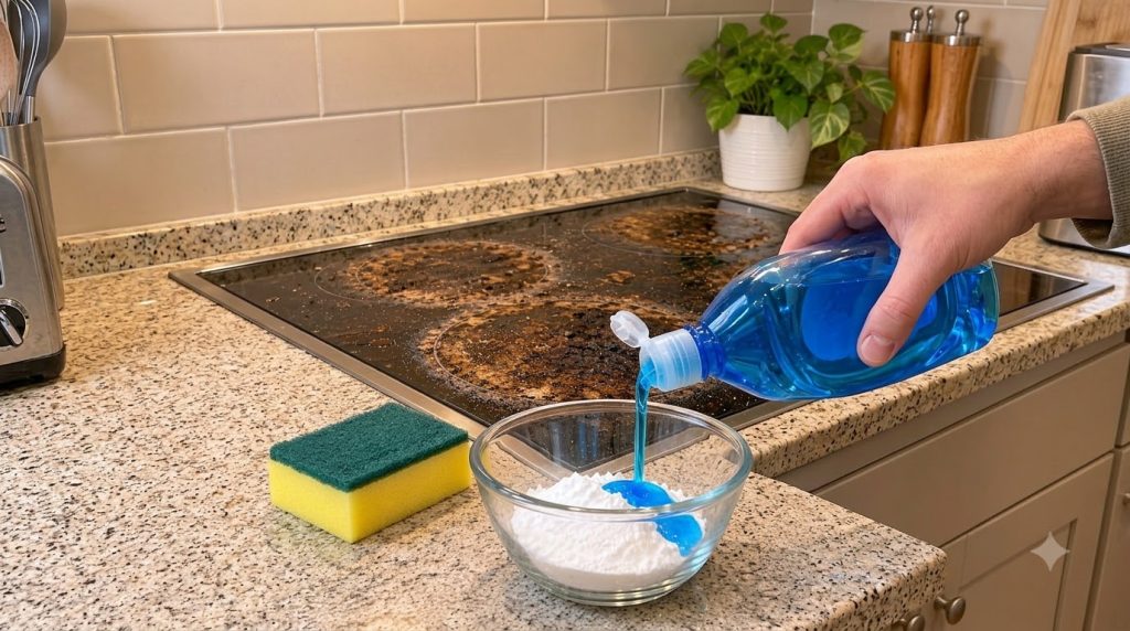 A hand pours blue dish soap into a glass bowl filled with white baking soda A yellow and green scrub sponge is nearby In