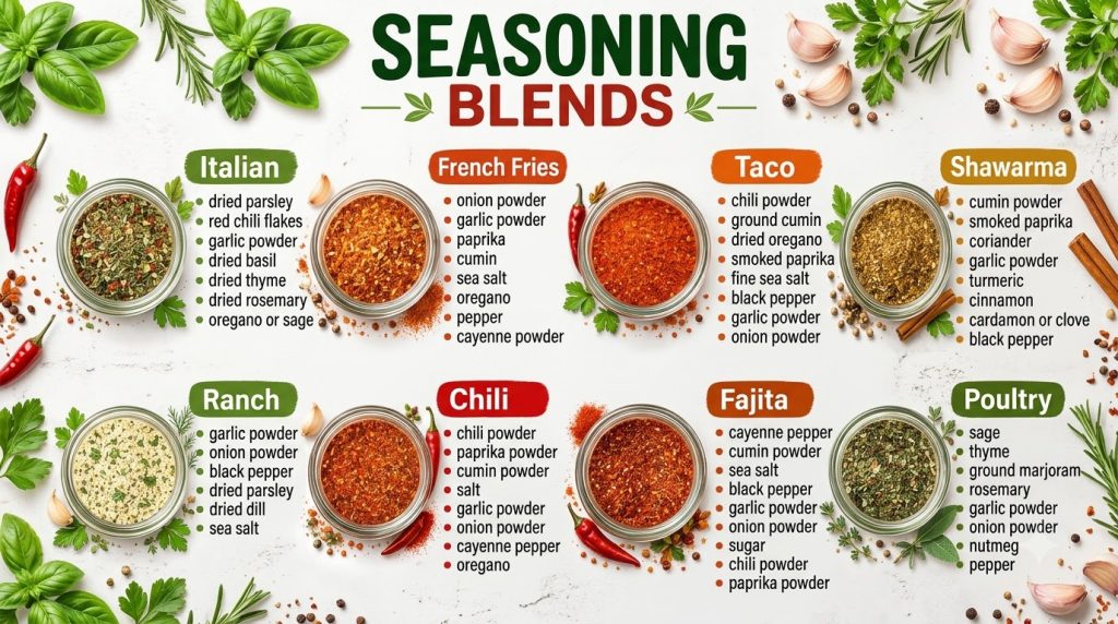 A top-down view of eight distinct homemade seasoning blends in small glass jars arranged neatly on a light surface Fresh