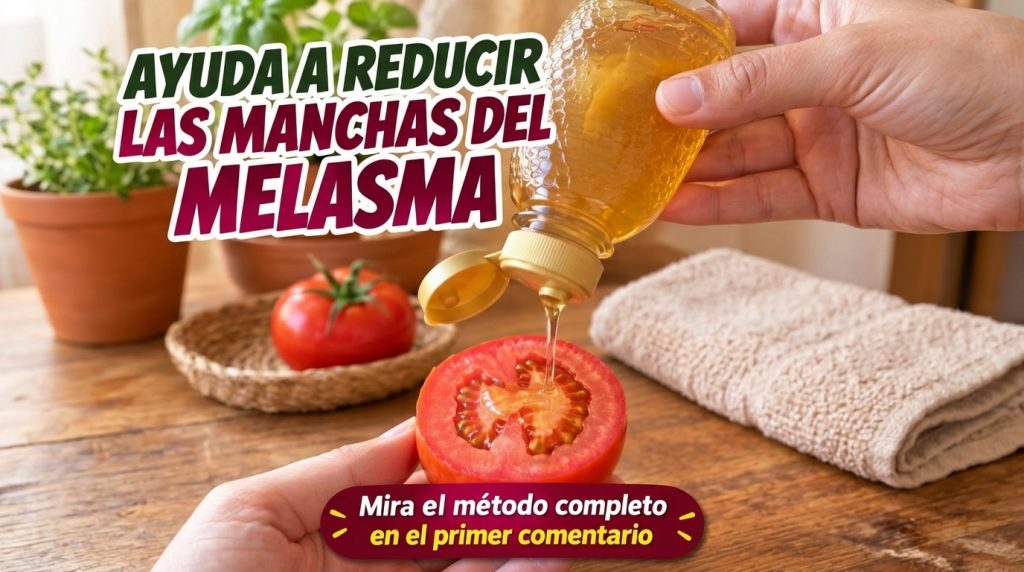 A hand holding a halved tomato while another hand pours golden honey from a squeeze bottle onto its surface In the backg