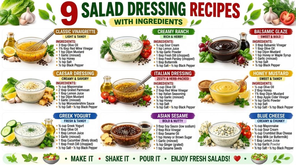 An infographic showing 9 different homemade salad dressing recipes each with ingredients and a finished dressing bowl
