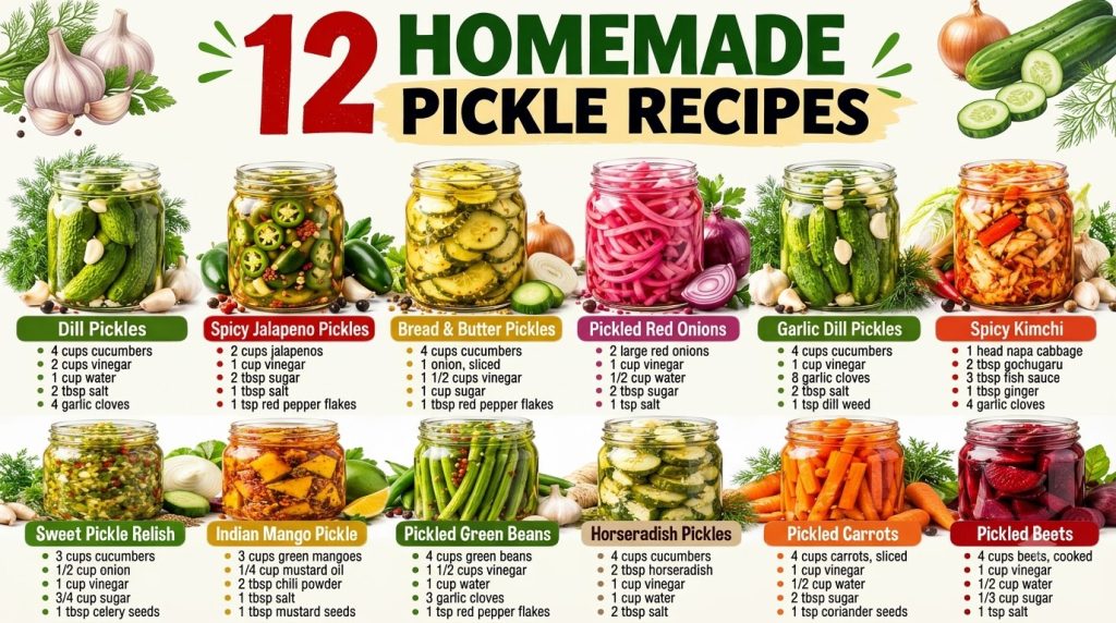 A visually appealing grid of 12 different homemade pickle recipes in glass jars each with its unique ingredients display