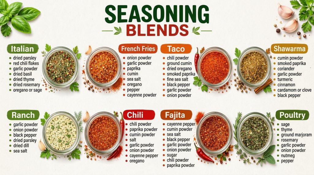 An infographic titled SEASONING BLENDS showing eight glass jars with different spice mixtures like Italian Taco and Chil