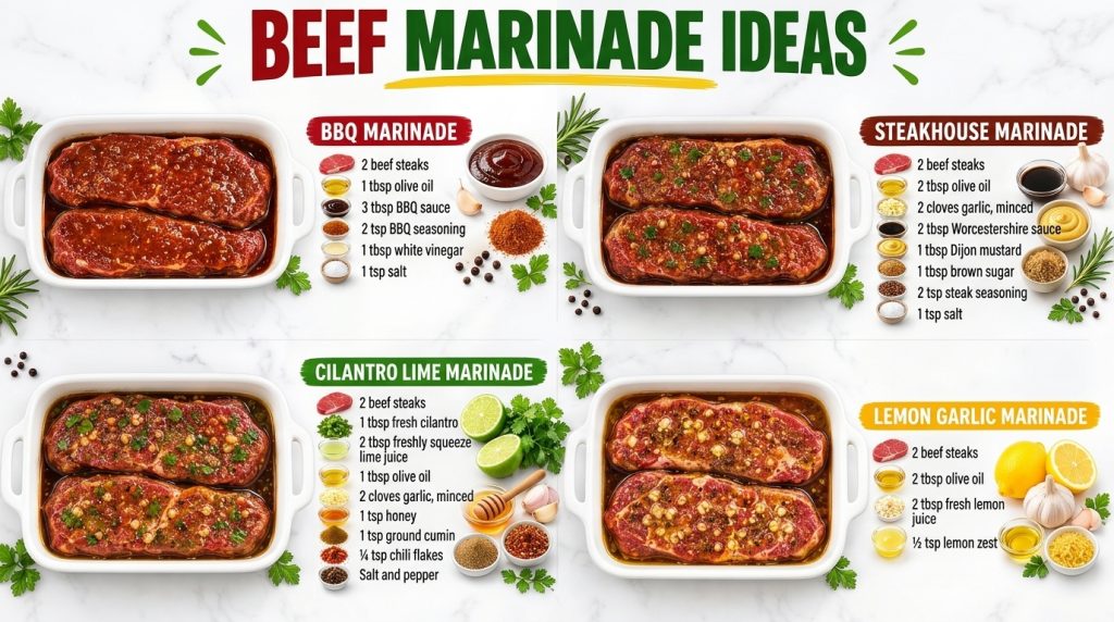 An infographic featuring four distinct beef marinade ideas BBQ Steakhouse Cilantro Lime and Lemon Garlic Each recipe sho