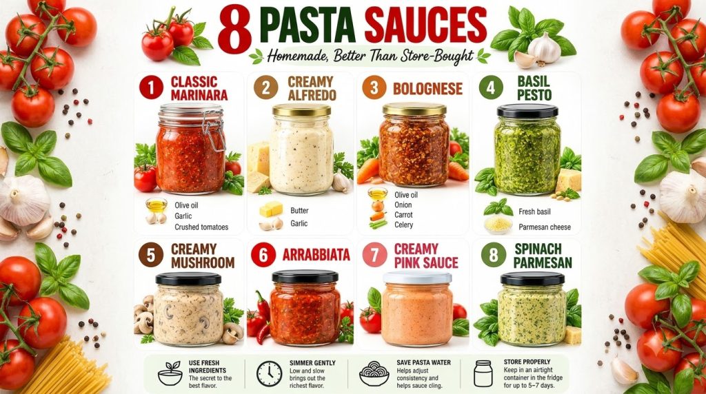 Eight glass jars of homemade pasta sauce arranged on a light surface surrounded by fresh ingredients like tomatoes basil