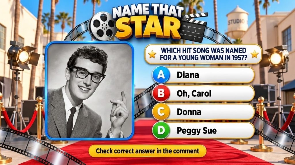A mobile quiz game interface featuring a black and white portrait of Buddy Holly with a question overlaying a Hollywood-