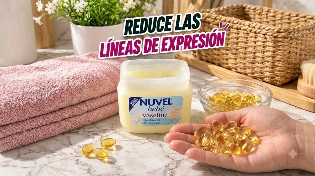 A hand holding golden soft gel capsules with a jar of NUVU bebé vaselina in the background on a light marble surface wit