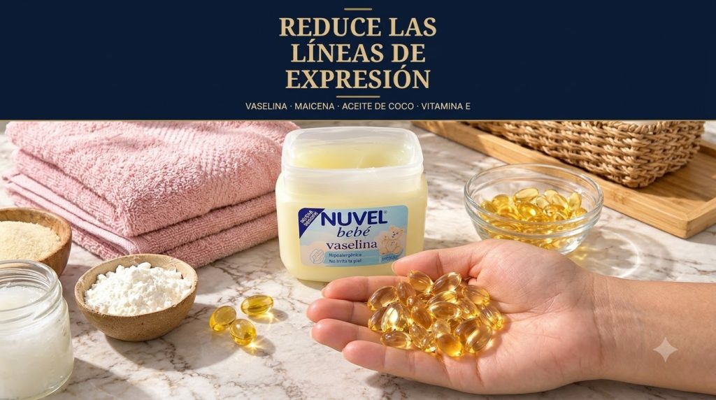A hand holding several clear yellow gel capsules likely Vitamin E In the background there s a tub of NUVL bebé vaselina 