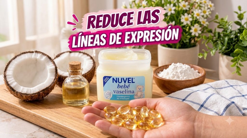 A collection of skincare elements centered around a jar of NUVEL bebé vaselina In the foreground a hand gently holds gol
