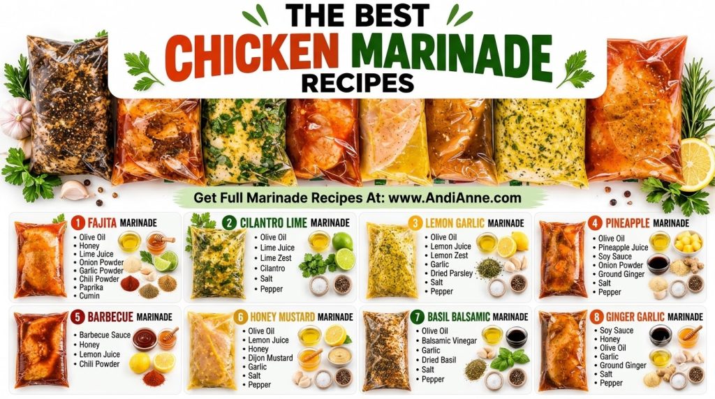 An infographic showcasing eight distinct chicken marinade recipes The top shows sealed plastic bags of marinated chicken