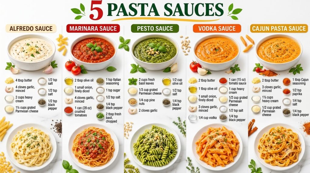 An infographic showcasing 5 different pasta sauces Alfredo Marinara Pesto Vodka Cajun with their ingredients listed and 