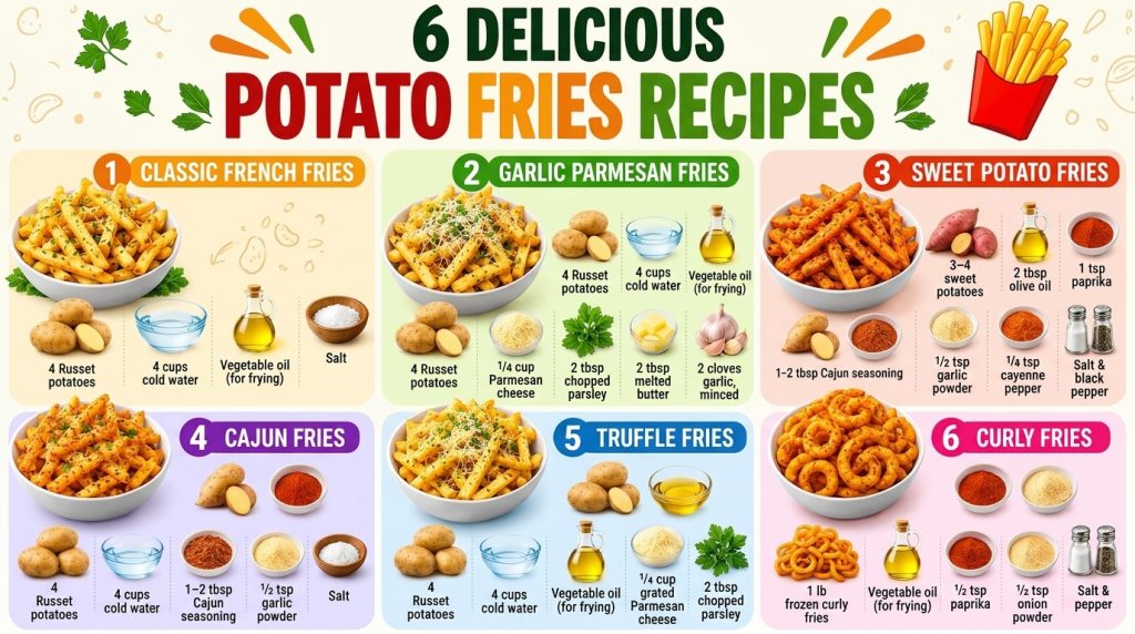 An infographic titled 6 Delicious Potato Fries Recipes featuring six distinct sections with different types of fries and