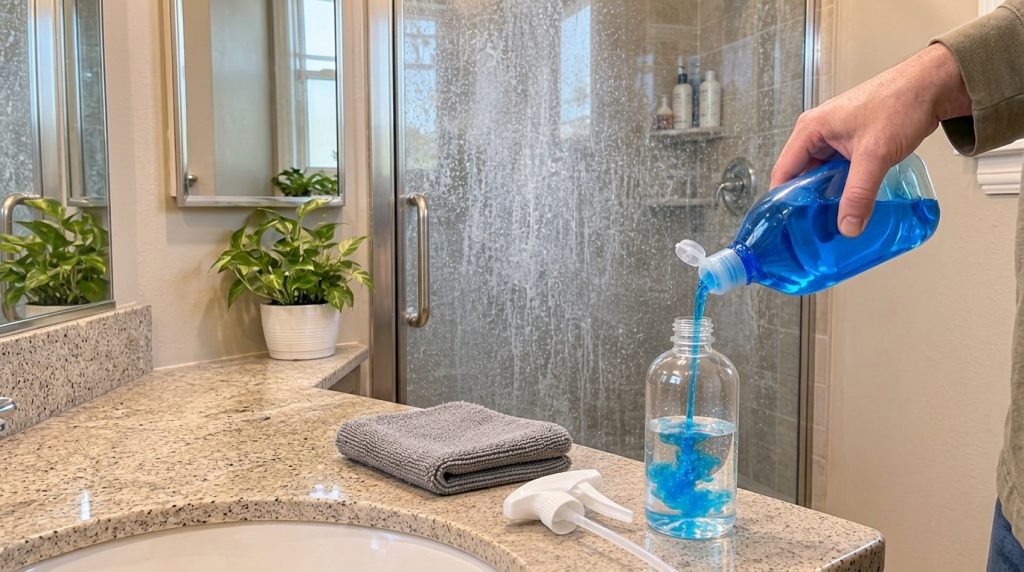 Una mano vertiendo líquido limpiador azul en una botella de spray transparente con agua sobre una encimera de granito co