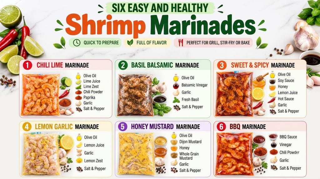 A top-down flat lay of six distinct shrimp marinades in clear plastic bags each with its fresh ingredients lemon herbs g