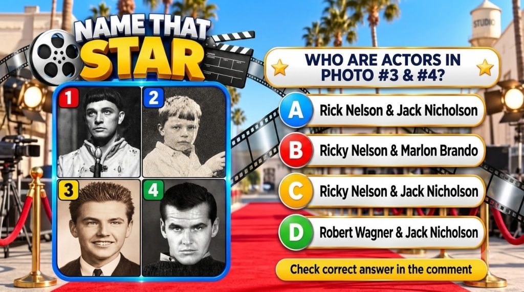 A mobile game interface for Name That Star quiz showing four black-and-white portraits of young celebrities Robert Wagne