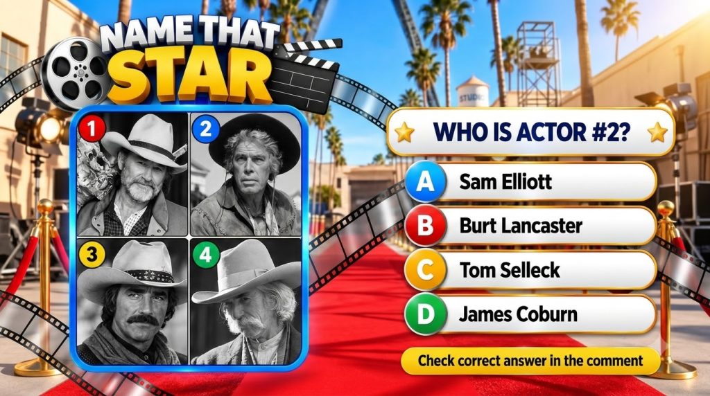 A mobile game-style quiz interface titled NAME THAT STAR featuring four black-and-white portraits of classic male actors