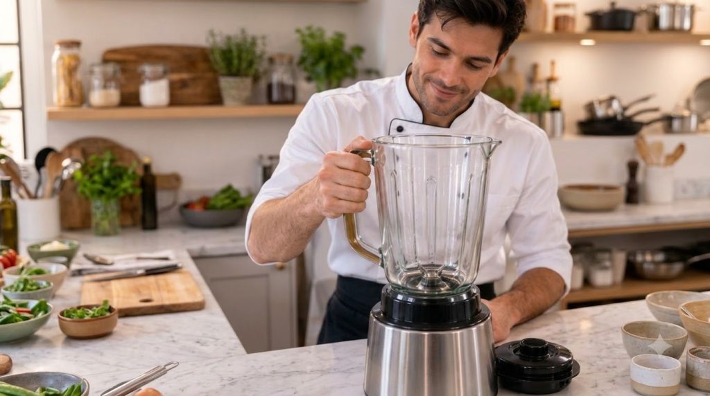 A food processor blending hard-boiled eggs with mustard and lemon juice into a smooth paste