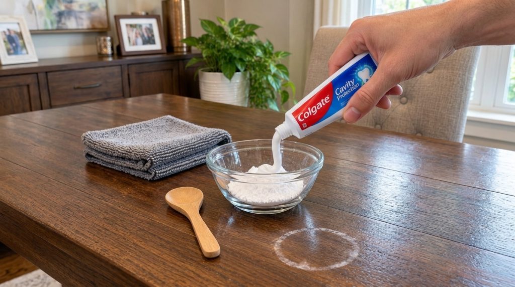 Una mano exprime pasta dental blanca de un tubo Colgate en un tazón de vidrio que contiene bicarbonato de sodio con una
