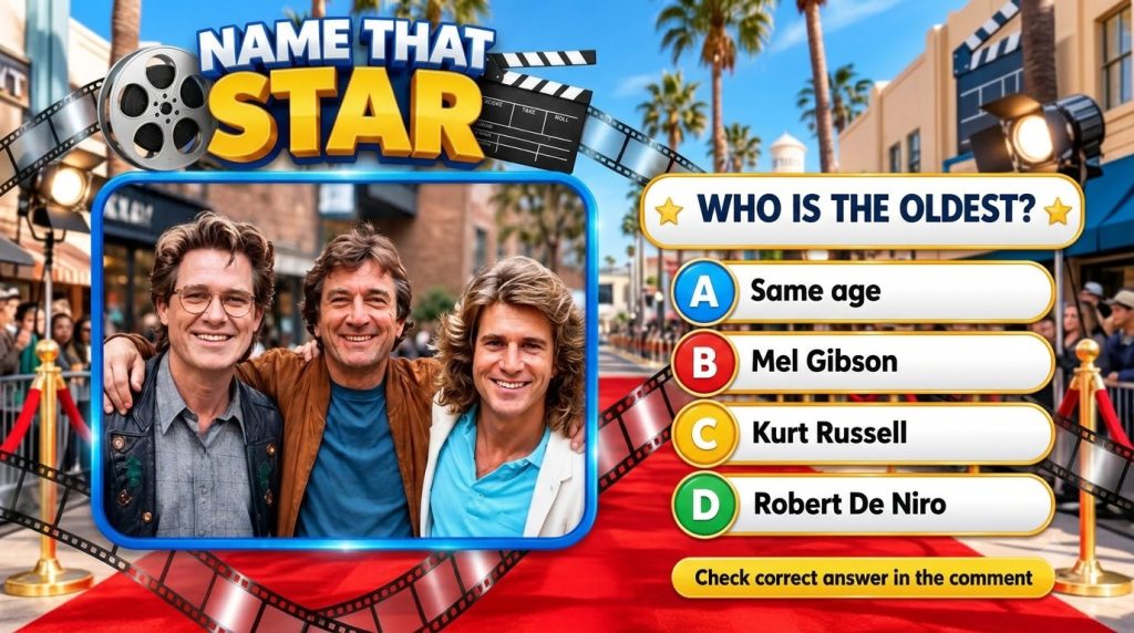 Three smiling men Mel Gibson Kurt Russell Robert De Niro against a stylized outdoor movie set with palm trees and spotli