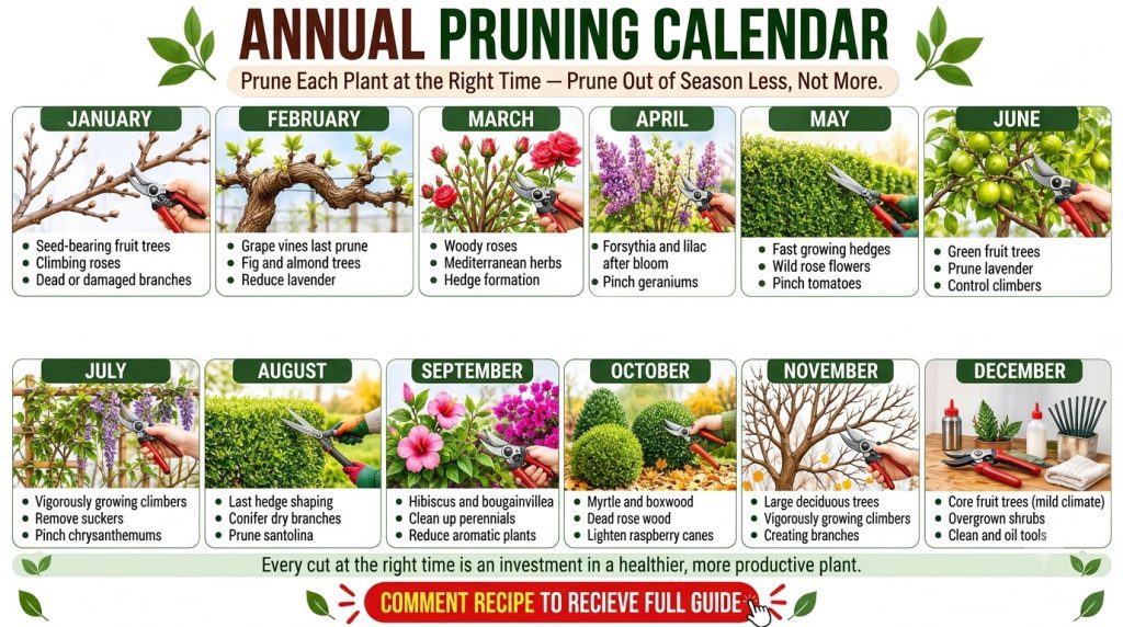 An infographic showing a year-round pruning calendar with monthly tasks and images of hands pruning different plants