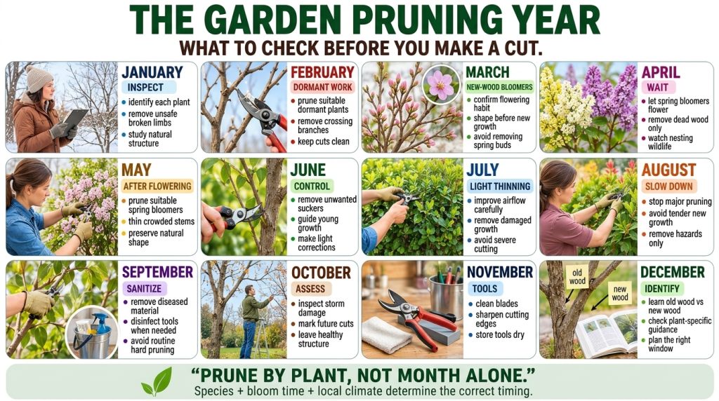 An infographic titled The Garden Pruning Year showing a month-by-month guide to plant pruning activities tools and plant