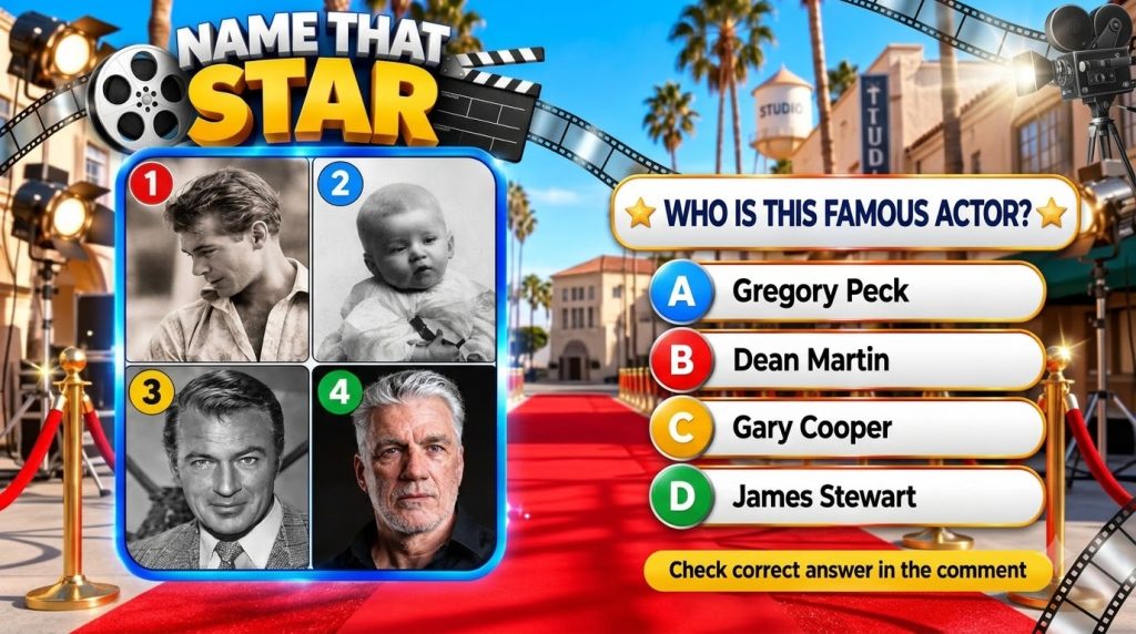 A mobile quiz game screen titled NAME THAT STAR on a red carpet background It shows a four-panel grid with images of a s