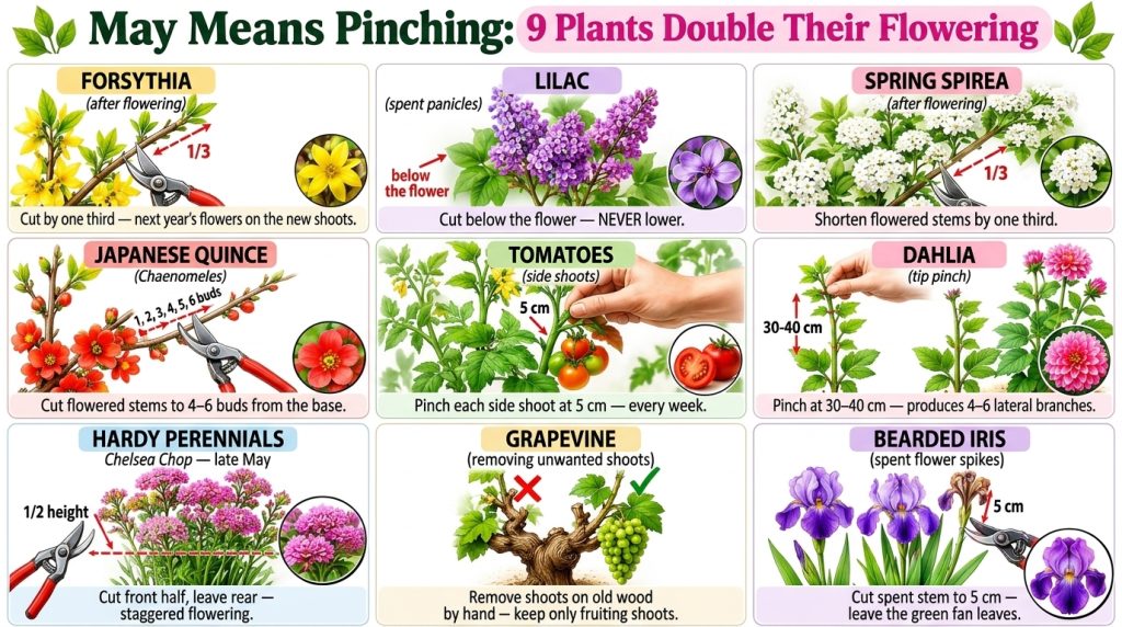 An infographic showing 9 different plants being pinched or pruned in May including Forsythia Lilac Spring Spirea Japanes