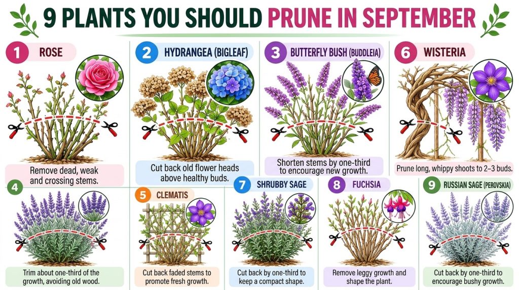 An infographic showing 9 plants to prune in September with illustrations and short instructions for each