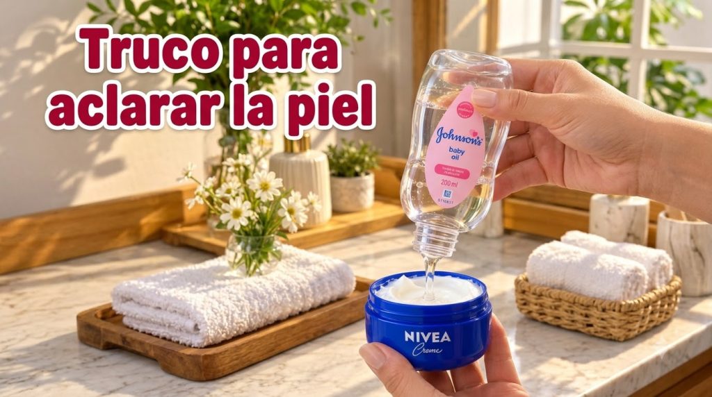 Close-up of hands pouring Johnson s Baby Oil into a jar of Nivea Creme with a blurred bathroom background