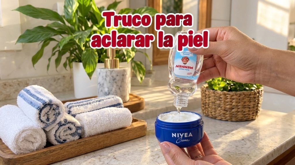 Hands pouring clear baby oil into a blue Nivea Creme jar filled with white cream