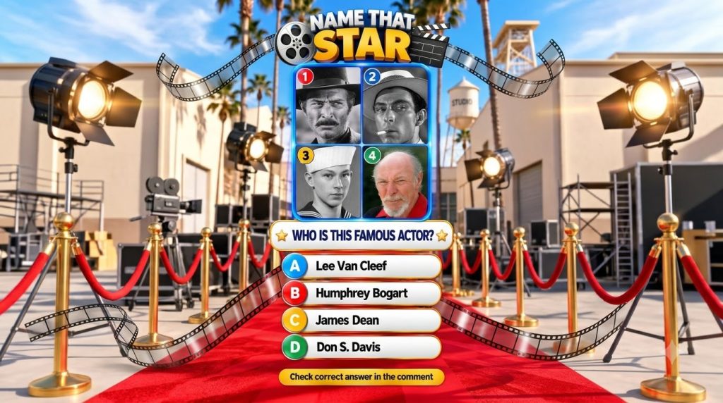Mobile game interface titled NAME THAT STAR with four actor portraits Lee Van Cleef Humphrey Bogart James Dean Don S Dav
