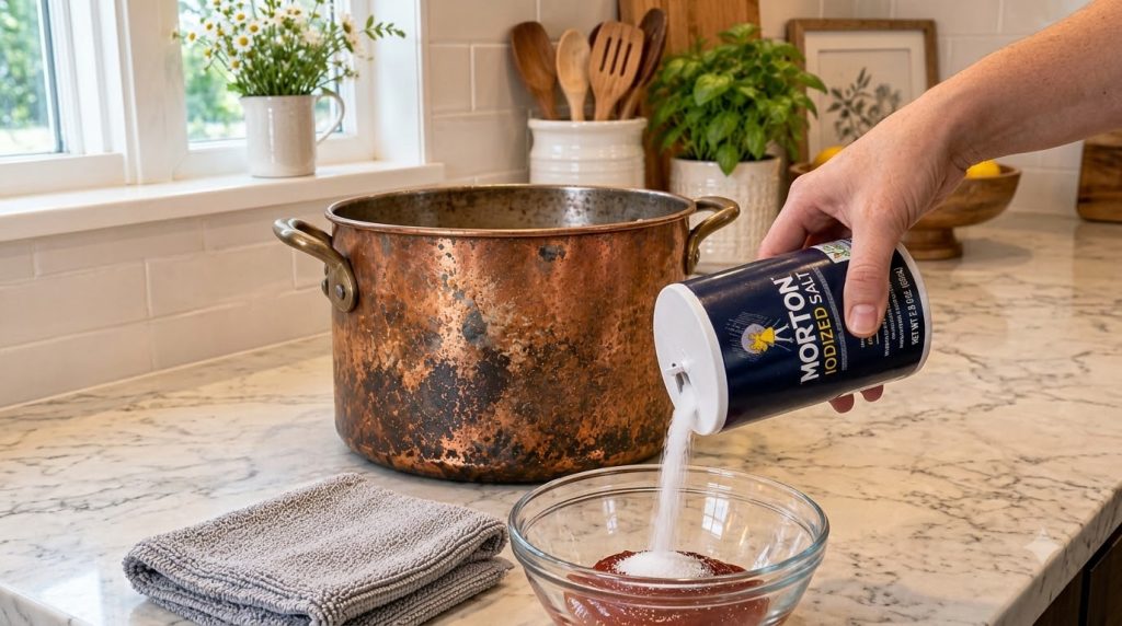 A hand pouring iodized salt into a glass bowl of vibrant red sauce in a well-lit kitchen In the background a large coppe