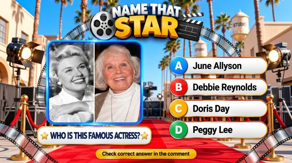 A split image showing Doris Day younger in black and white and older in color as part of a NAME THAT STAR quiz interface