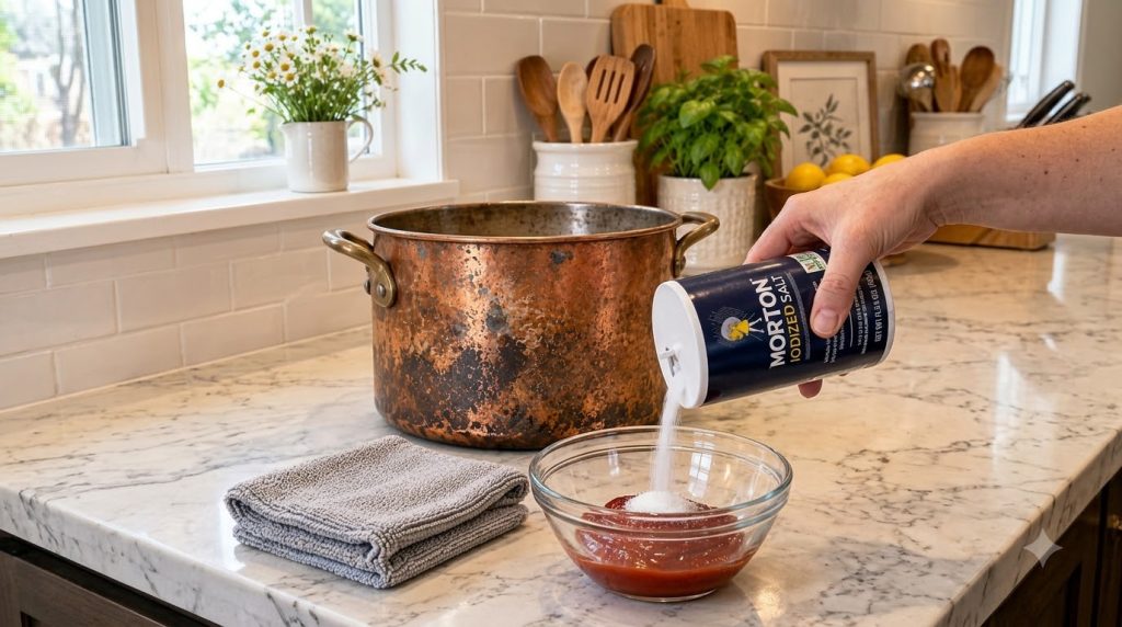 A hand pouring iodized salt from a container into a glass bowl with red sauce