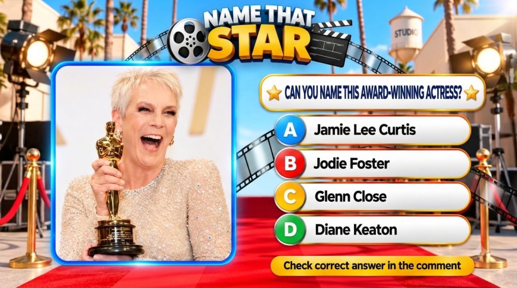 Jamie Lee Curtis joyfully holding an Oscar trophy with a stylized Hollywood background of a red carpet golden stanchions