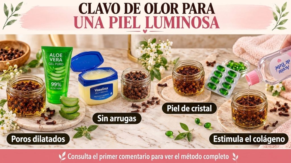 Un collage vertical que muestra varios remedios caseros para el cuidado de la piel destacando el clavo de olor con aloe