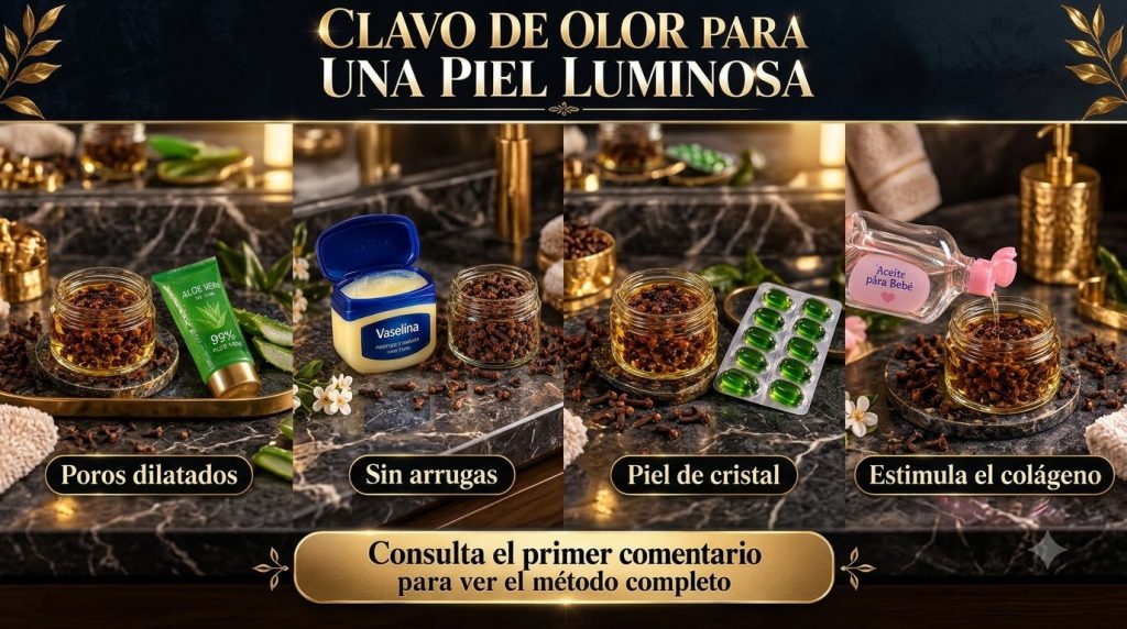 A collage showing cloves in oil alongside aloe vera gel Vaseline vitamin E capsules and baby oil emphasizing natural bea