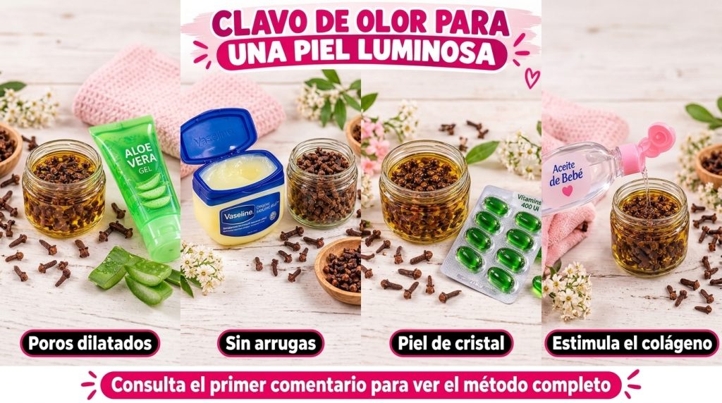 A vertical collage of natural ingredients for skincare including glass jars with clove-infused oil aloe vera gel Vaselin