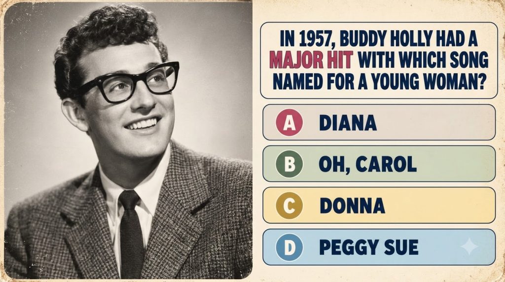 Black and white portrait of Buddy Holly wearing glasses and a suit smiling