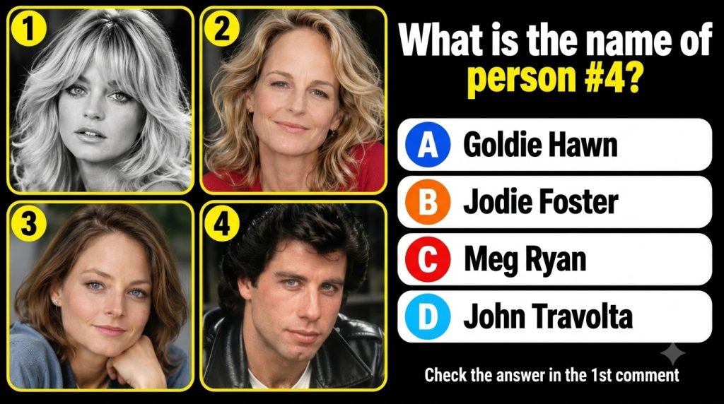 A vertical mobile-format celebrity identity quiz with a black background featuring a 2x2 grid of four celebrity headshot