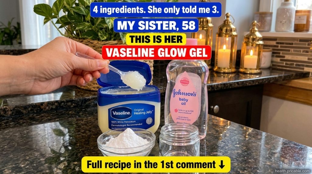 Ingredients laid out for a DIY glow gel an open tub of Vaseline a bottle of baby oil a small bowl of white powder and an