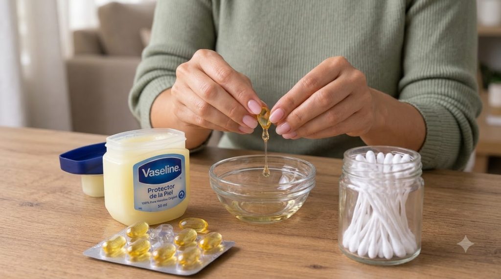 Hands gently squeezing a golden oil capsule with the liquid visibly dripping into a small clear glass bowl A tub of Vase