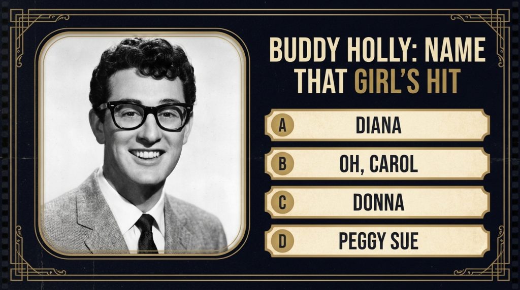 Black and white portrait of young Buddy Holly with thick-rimmed glasses smiling wearing a suit jacket with a quiz questi