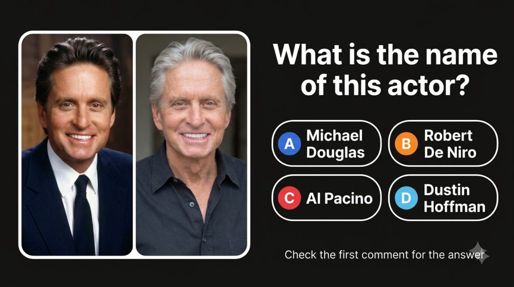 Quiz image showing two portraits of Michael Douglas side-by-side at different ages with a quiz question below