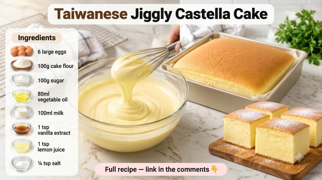 A freshly baked golden-brown Taiwanese Jiggly Castella cake in a square baking pan seen from a slight aerial angle filli