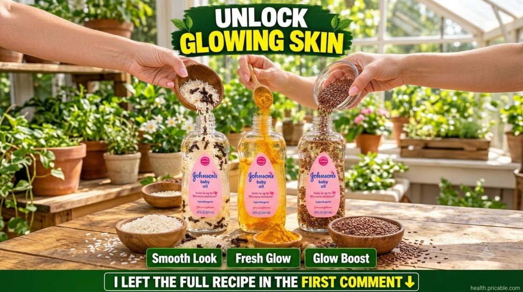 Three hands pouring rice and cloves turmeric powder and flax seeds into separate clear bottles of baby oil set on a natu