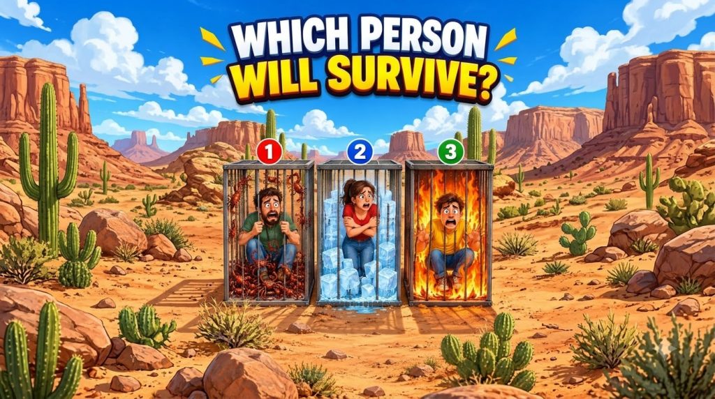 Cartoon image of three people in cages in a desert facing scorpions melting ice and fire respectively