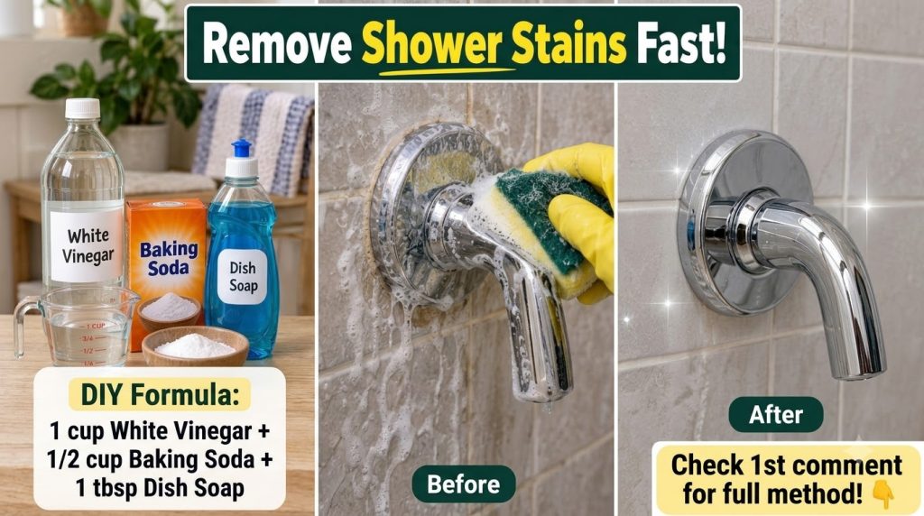 A leaky shower faucet with hard water stains and soap scum on the surrounding tiled wall